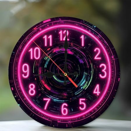 Neon Clock Wall Art Pink Cyberpunk Decor 10-Inch Silent Wooden Wall Clock, Battery Operated (AA Batteries Not Included), Artistic Home Decor