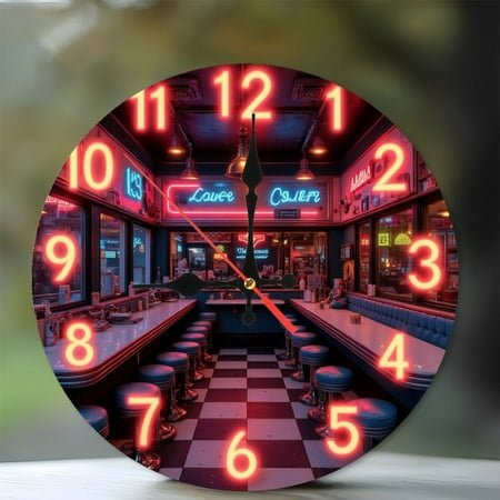 Neon Diner Clock Wall Art Retro 50s Decor 10-Inch Silent Wooden Wall Clock, Battery Operated (AA Batteries Not Included), Artistic Home Decor
