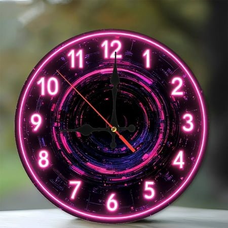Neon Pink Clock Wall Decor Modern Art 10-Inch Silent Wooden Wall Clock, Battery Operated (AA Batteries Not Included), Artistic Home Decor