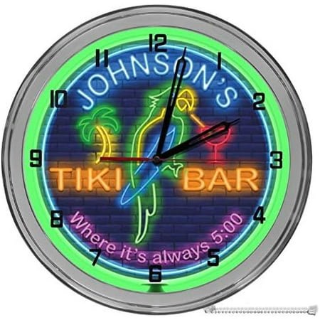Neon Themed Parrot Tiki Bar 16 Light Up Green Neon Clock