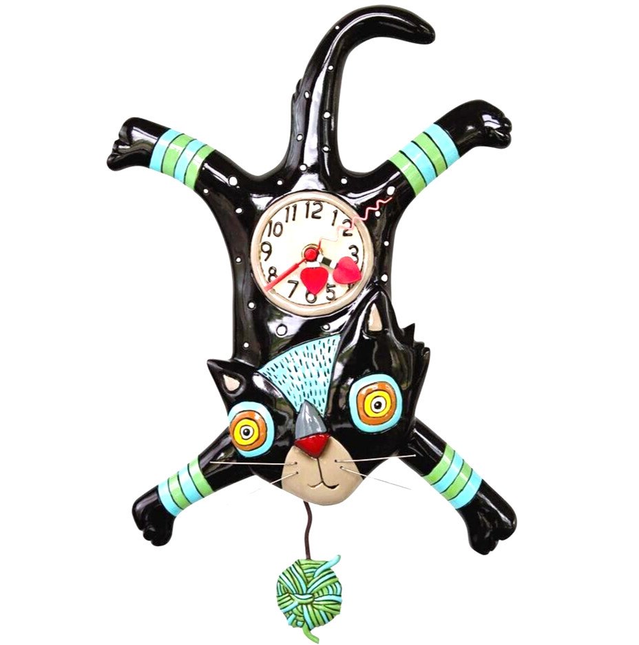 ✤ New ALLEN DESIGNS WALL CLOCK Swing Pendulum BLACK CAT ATTACK Yarn Ball Kitten