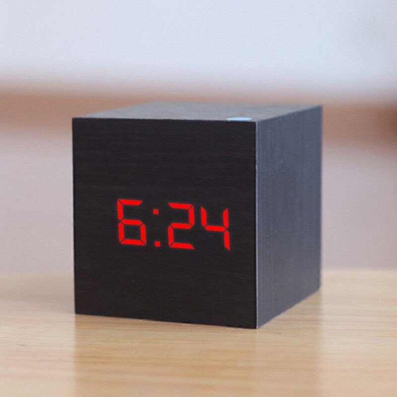 New Digital Wooden LED Alarm Clock Desktop Table Decor Thermometer Voice Control