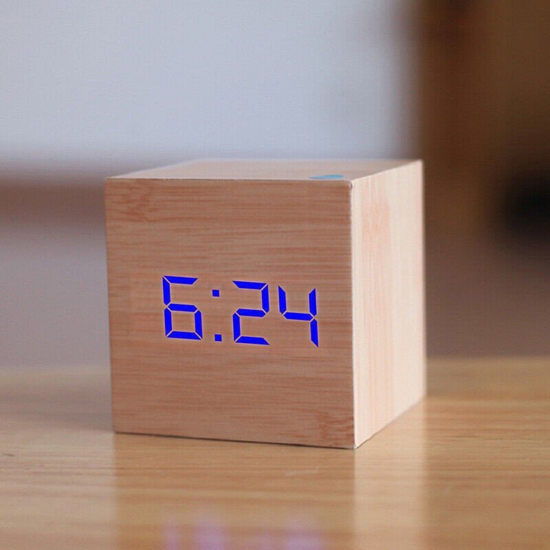 New Digital Wooden LED Alarm Clock Desktop Table Decor Thermometer Voice Control