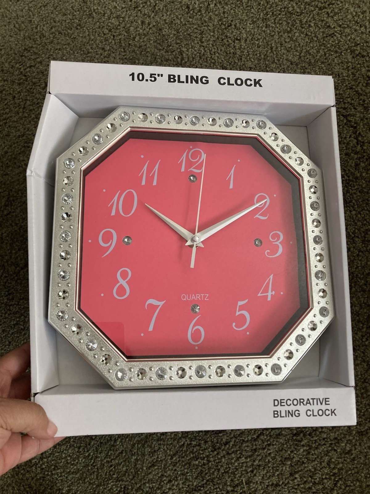 NEW in BOX Decorative Neon Pink & Silver with Faux Diamonds Analog 10.5 in Clock