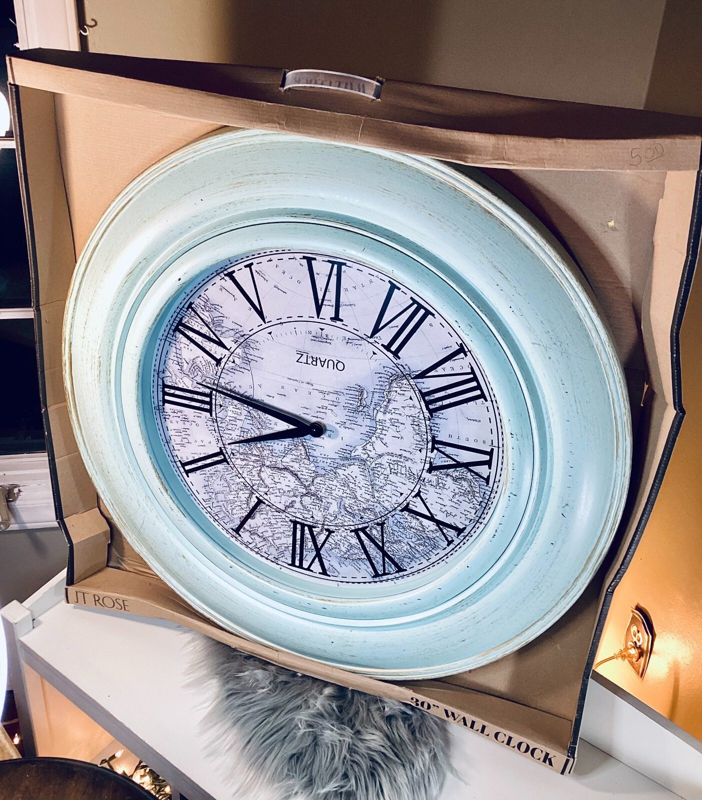 NEW Oversized + Distressed Light Turquoise 30 Inch Wall Clock