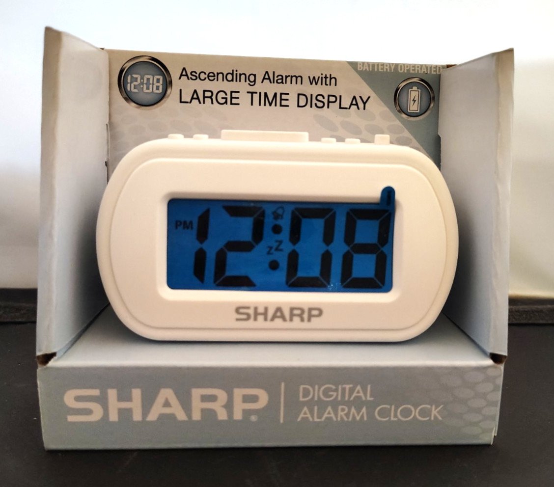 NEW Sharp Battery Alarm Clock Travel Digital 1" SPC483A White Case Blue Light