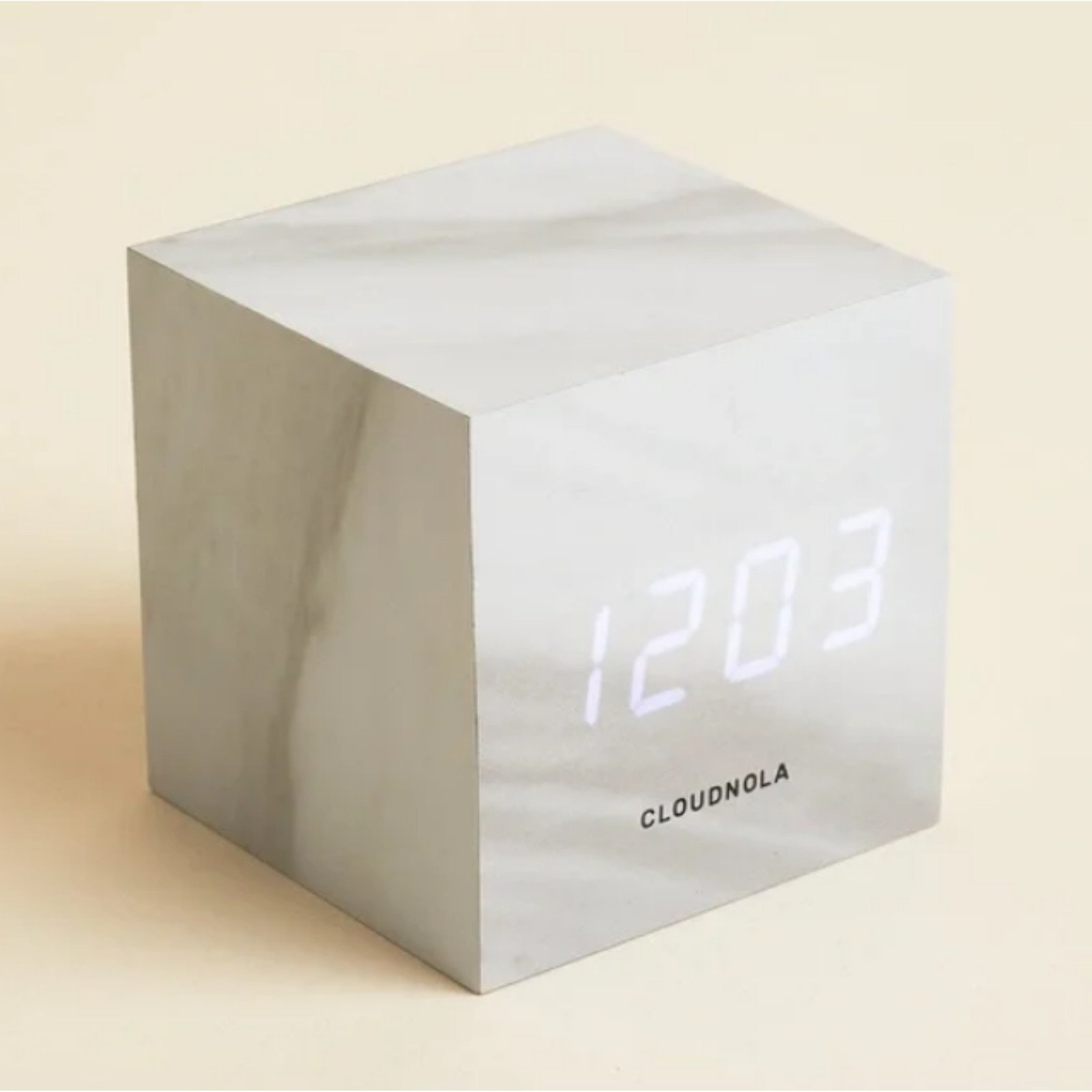 NIB Cloudnola Block Cube Clock White Marble LED Alarm Time Temperature Date NEW