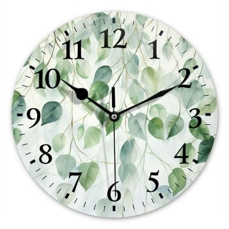 Non-Ticking Silent Wall Clocks Battery Operated Personalized Decor Clock for Bathroom,Office-Watercolor Hanging Leaves Mural In Green And White Color Scheme（10inch）