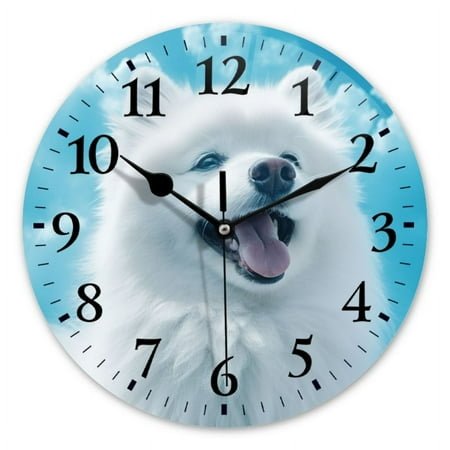 Non-Ticking Silent Wall Clocks Battery Operated Personalized Decor Clock for Bathroom,Office-Happy American Spitz Dog On Blue Sky(10inch)