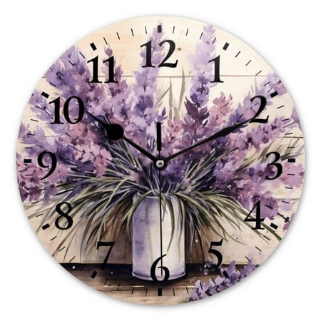 Non-Ticking Silent Wall Clocks Quartz Battery Operated Modern Wall Clocks Decorative for Living Room,Bedroom-Watercolor Painting Of Lavender Bouquet In Vase(12inch)