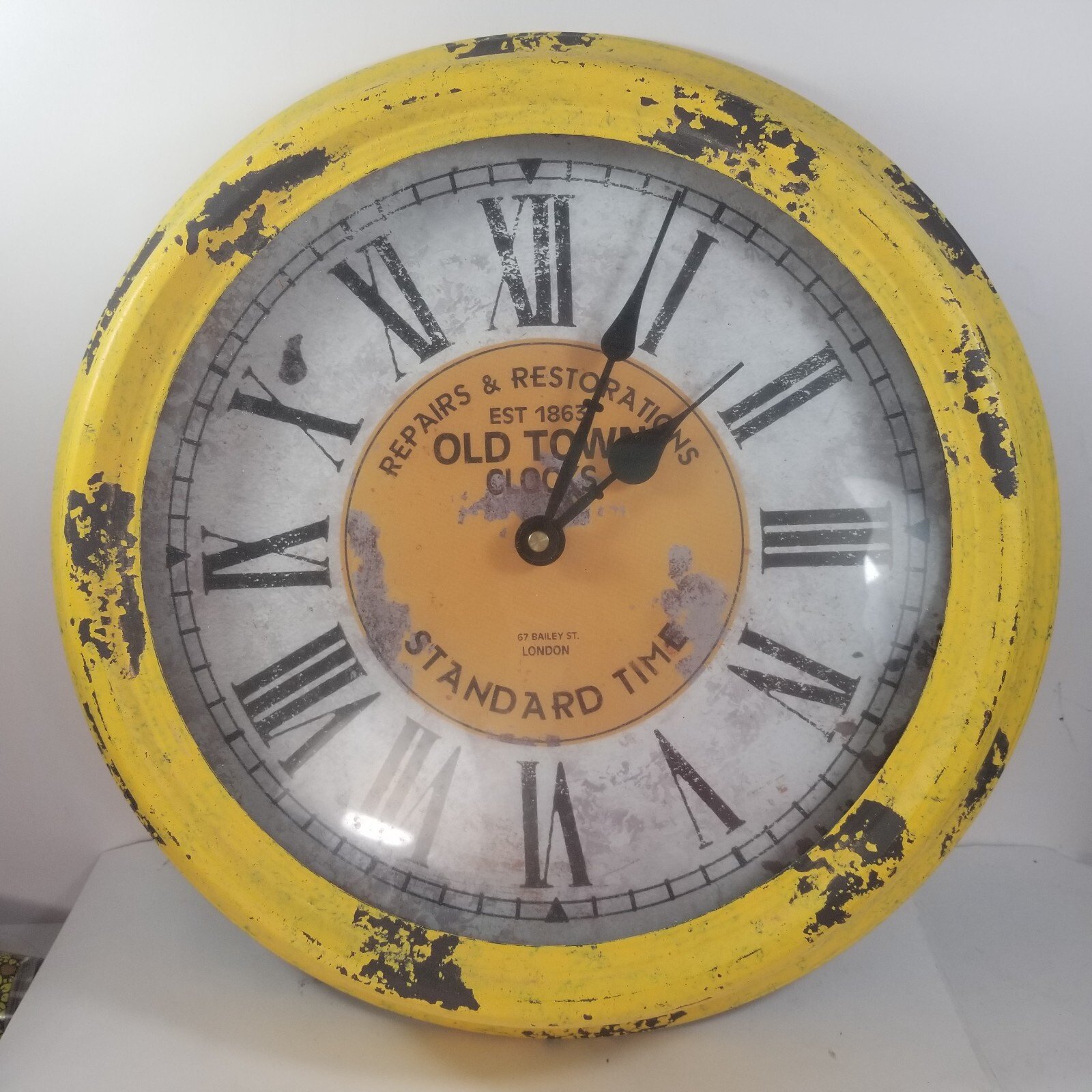 Oldtown Clocks 14 Inch Wood Yellow Distressed Large Roman Numeral Wall Clock