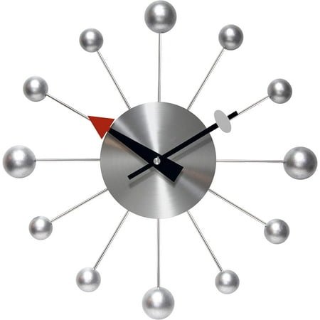 Orb Spoke Midcentury Modern 15 inch Retro Starburst Ball Wall Clock Quiet Quartz Movement Mid Century Modern Decorative (Silver)