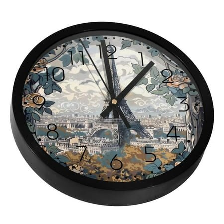 Paris City Eiffer Tower Silent Wall Clock, Non Ticking Battery Operated 9.8 Inch Wall Clocks for Bedroom Kitchen Home Office School Art Decor