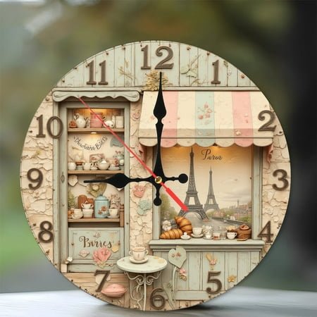 Parisian Bakery Cafe Wall Clock Vintage Decor 10-Inch Silent Wooden Wall Clock, Battery Operated (AA Batteries Not Included), Artistic Home Decor