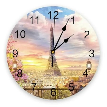 Paris Tower Flowers House Building Wall Clocks Non Ticking for Girl Boy Bedroom Bathroom Kitchen Living Room Office Round Clock（10 Inch）