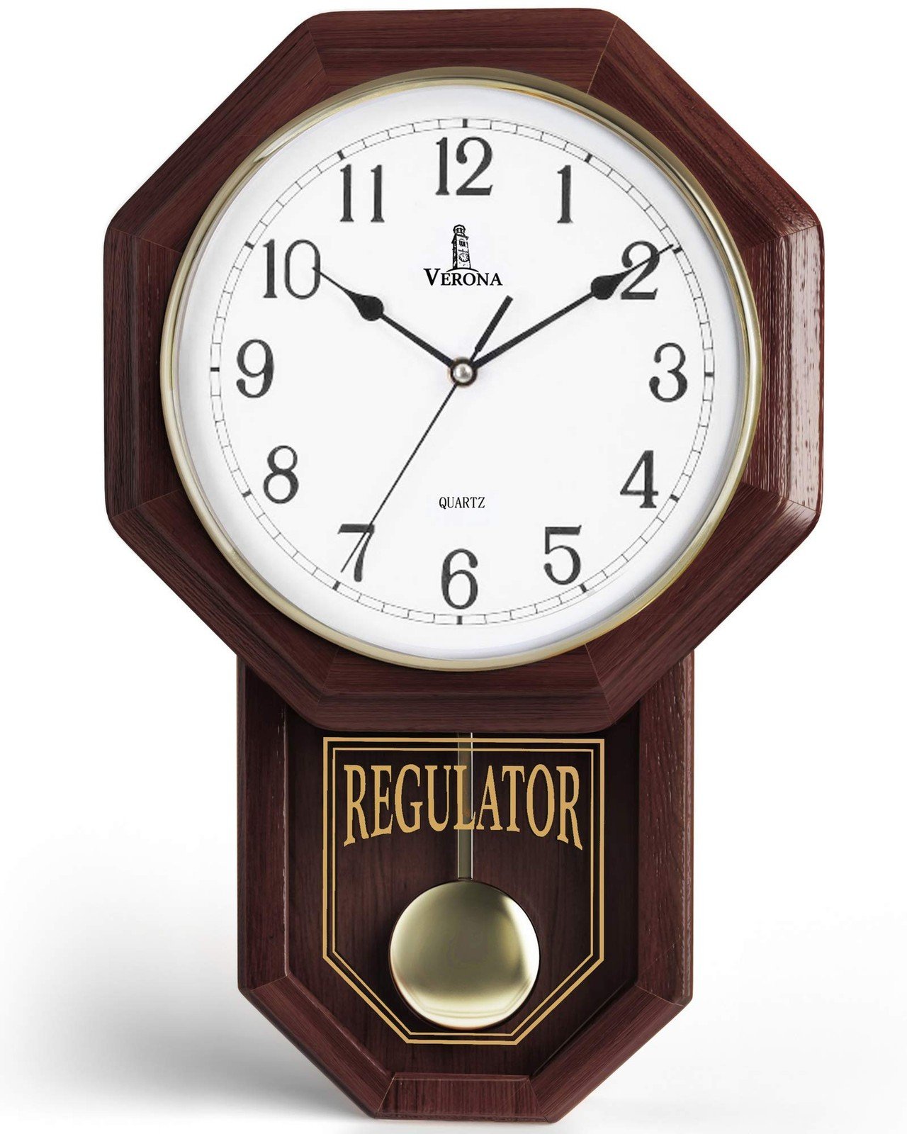 Pendulum Wall Clock - Real Wood Regulator Clock - Schoolhouse Design - Quiet,...