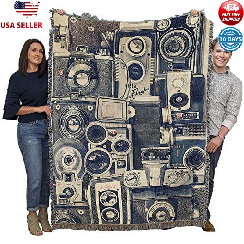 Photography Tapestry Throw Cotton Woven Blanket Gift Vintage Cameras Heirloom US