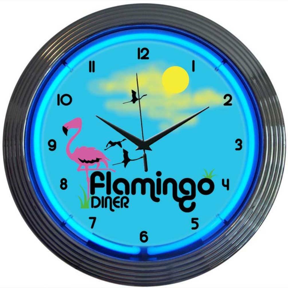 Pink Flamingo Diner Logo Blue Neon Wall Clock 15" Diameter 8FLAMX Neonetics