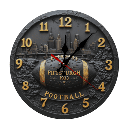 Pittsburgh Football 10-Inch Round Wooden Wall Clock - , Farmhouse Style with Vintage City Skyline & Football Design, AA Battery Not Included, Multi-Room Home Decor, Holiday Gift