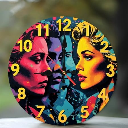Pop Art Clock Wall Decor Colorful Faces 10-Inch Silent Wooden Wall Clock, Battery Operated (AA Batteries Not Included), Artistic Home Decor