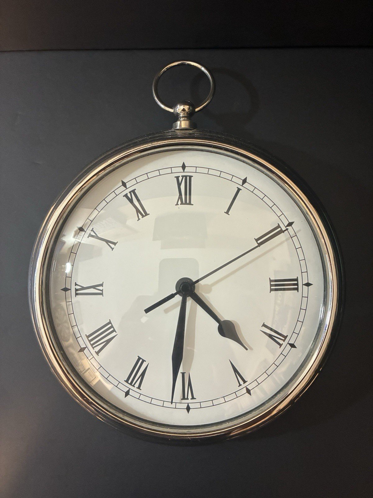 Pottery Barn Pocket Watch Wall Clock Heavy Brushed Silver Pewter Metal 9"
