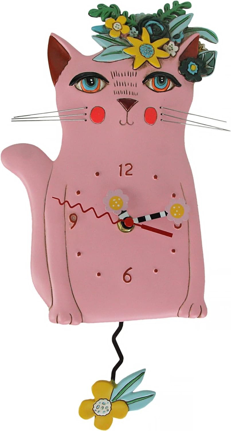 Pretty Kitty Pink Floral Cat Pendulum Wall Clock