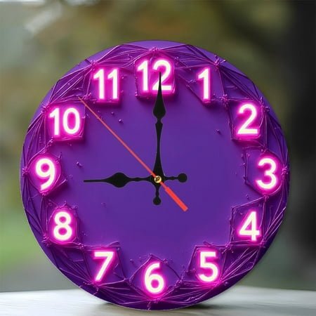 Purple Neon Clock Wall Decor Shattered Glass Design 10-Inch Silent Wooden Wall Clock, Battery Operated (AA Batteries Not Included), Artistic Home Decor