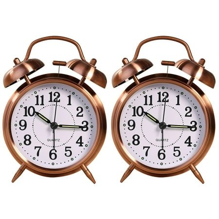 Raindrops 2 pcs Double Bells Alarm Clock Metal Plated Shell Table Clock Luminous Clock Mute Clock for Home Office Bedroom Without Battery (Copper)