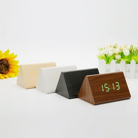 Raindrops Modern Triangle LED Wooden Alarm Clock Classical Digital Sound Control Desk Clock Thermometer (Black Wood and Blue Light)