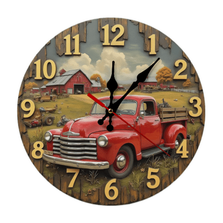 Red antique truck pattern theme Wood Wall Clock - Silent Design for Home & Office Decor, Living Room Wall Art, Wall Clock Living Room.10Inch(AA Not Included)
