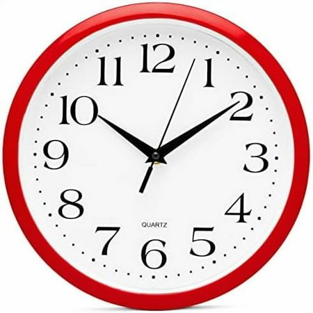 Red Wall Clock Silent Non Ticking - 10 Inch Quality Quartz Battery Operated Round Easy to Read Home/Kitchen/Office/Classroom/School Clocks, Vintage Retro Red Frame Black Numbers