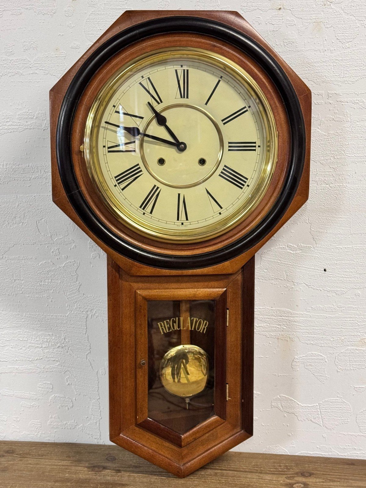 Regulator A: Vintage Wooden Wall Clock; Brass Face, Pendulum, Key Wind-W/key