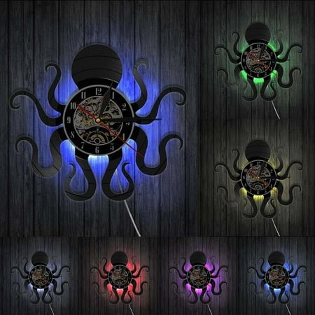 Retro Octopus Mollusk Vinyl Record Wall Clock With LED Backlight Kraken Octopus Ocean Animal LED Night Light Modern Clock Watch