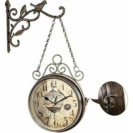 Retro Rust Wall Clock 20th Century 8 Non Ticking Large Iron Antique Hanging Clocks Double Sided Vintage Two Faces Innovative Classic, Silent Quartz Round Clock for Office Bedroom Living Room Decor