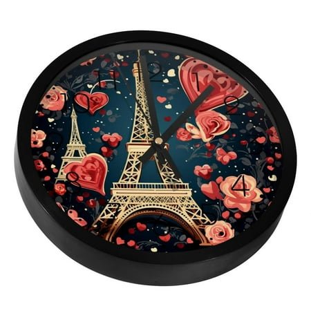 Romantic Eiffel Tower Red Heart Silent Wall Clock, Non Ticking Battery Operated 9.8 Inch Wall Clocks for Bedroom Kitchen Home Office School Art Decor