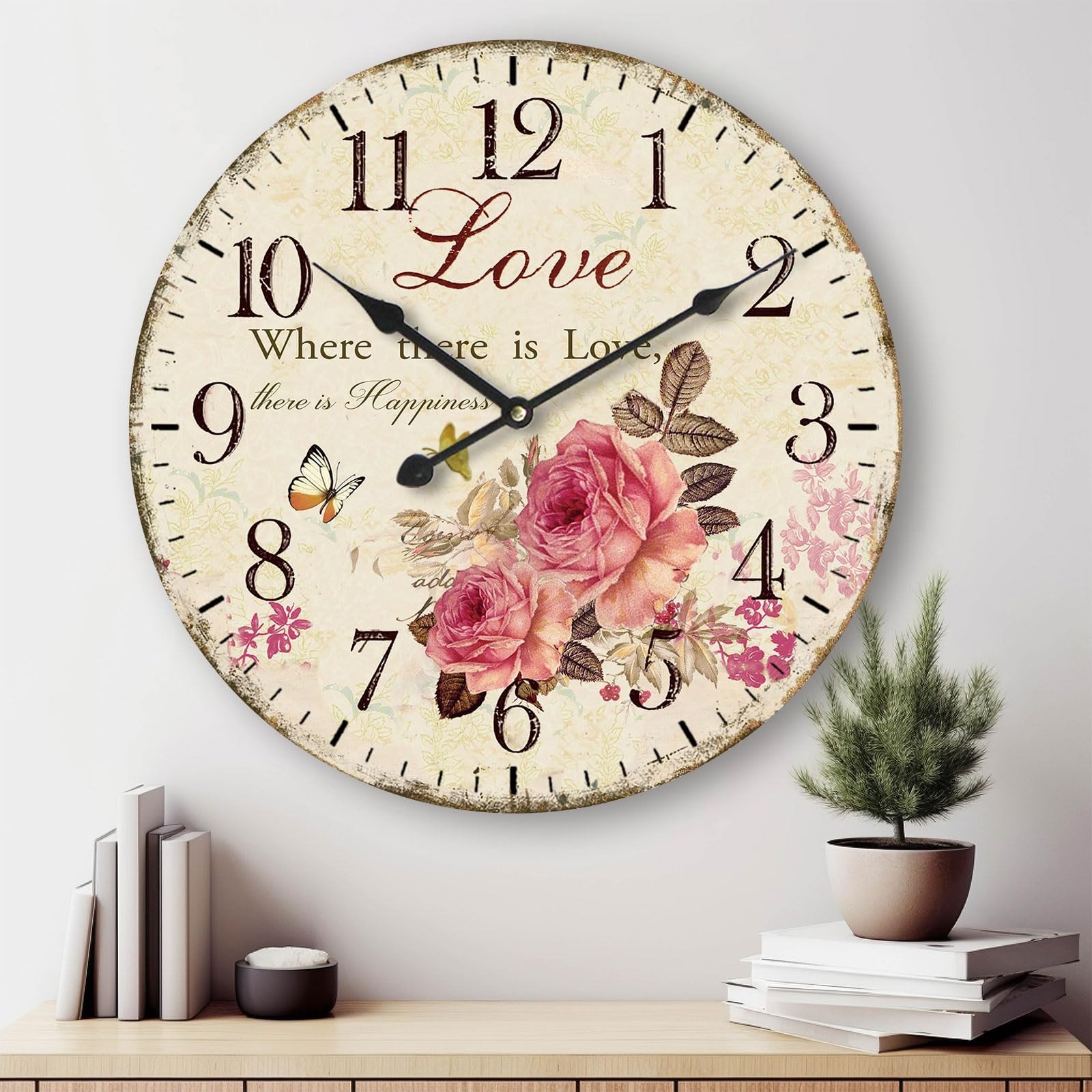 Romantic Roses Clock 12" Country Floral Wall ClockLove Wooden Art Decor Non-T...