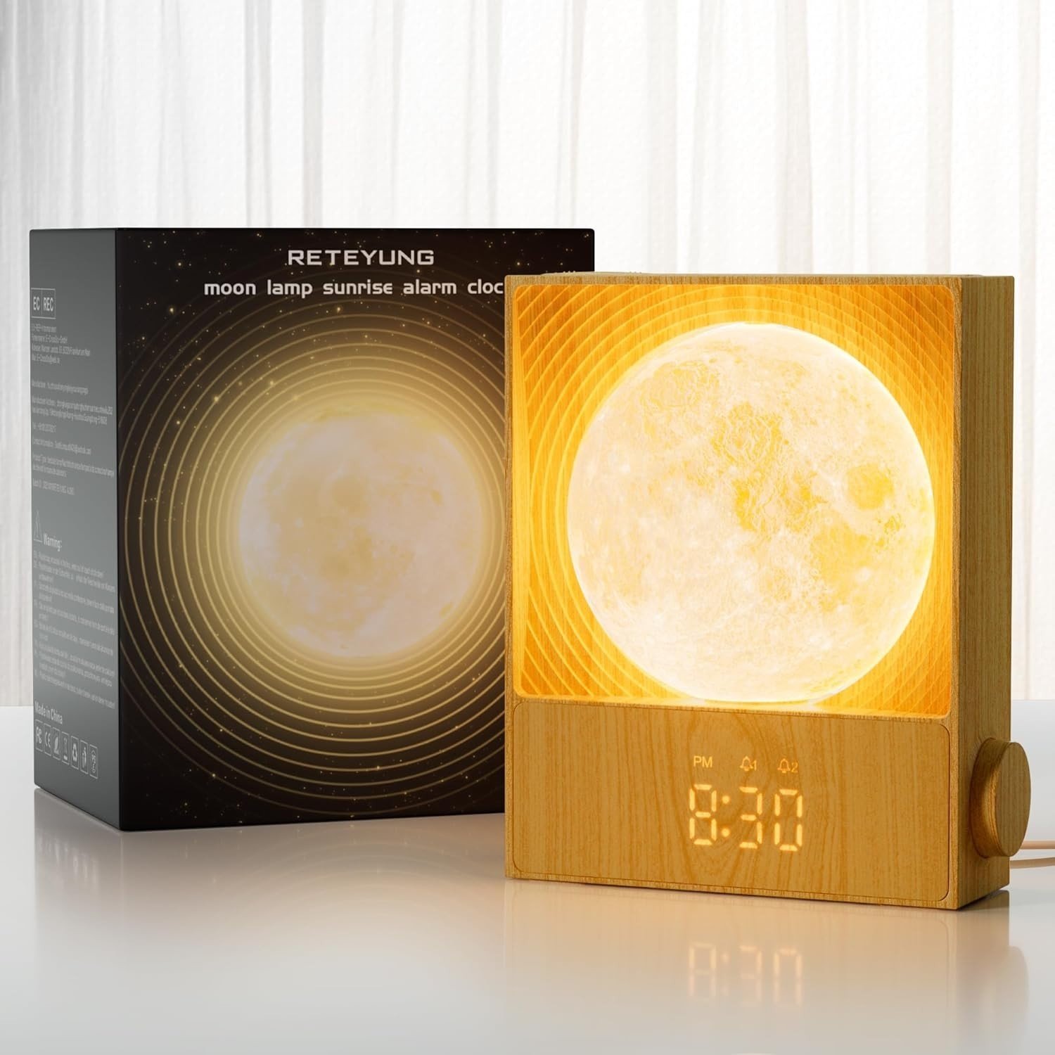 Rotatable Moonlight Sunrise Alarm Clock with Night Lamp, Snooze & Nature Sounds