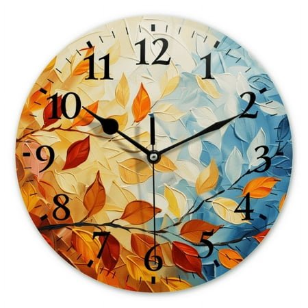 Round Analog Wall Clocks Battery Operated Modern Clock Non-Ticking Silent Clocks Decorative for Home,Office-Beautiful Painting Of Leaves In Autumn(12inch)