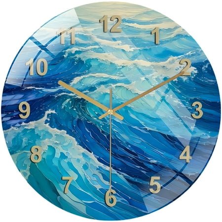 Round Glass Wall Clock, Ocean Wall Clock with Sunlit Wave Design, Artistic Coastal Decor in Tempered Glass, Perfect for Bathroom, Beach House Or Sea-Inspired Space Style 12×12inc