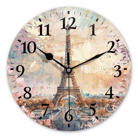 Round Wall Clock,The Eiffel Tower In Paris And Surrounded By Blooming Cherry Blossoms,Silent Non-Ticking Wall Clock Decor for Home Office Kitchen Living Room Bedroom(10inch)