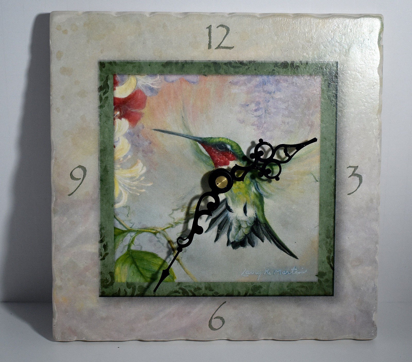 Ruby-Throated Hummingbird Ceramic Tile Clock Red Green
