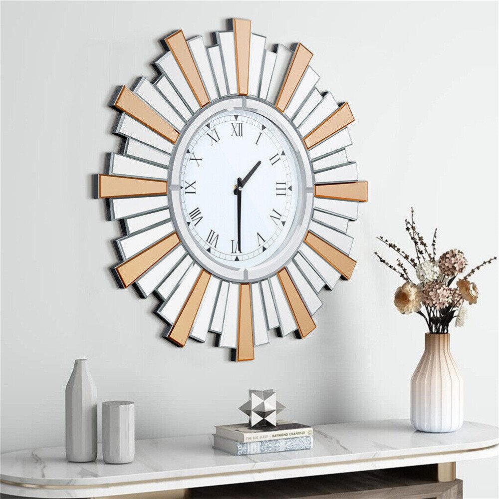 Rustic Beveled Mirrored Wall Hanging Clock Large Sunburst Mirrors for Home Decor