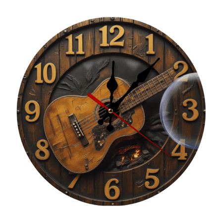 Rustic Dark Brown Artificial Wood Silent Guitar Wall Clock with Embossed Numbers & Fire Design for Living Room & Bedroom Home Decor,10-Inch (AA Battery Not Included)