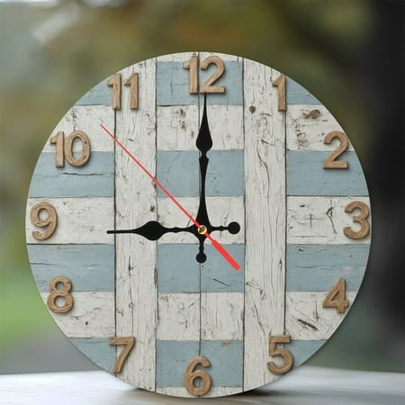 Rustic Farmhouse Wooden Wall Clock Blue White Distressed Vintage Home Decor 10-Inch Silent Wooden Wall Clock, Battery Operated (AA Batteries Not Included), Artistic Home Decor