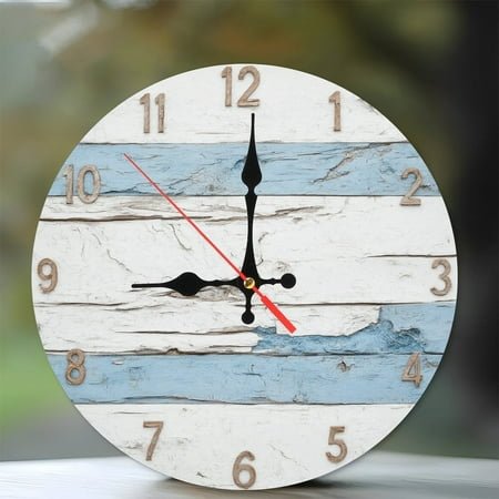 Rustic Wooden Wall Clock Distressed Blue White Farmhouse Decor 10-Inch Silent Wooden Wall Clock, Battery Operated (AA Batteries Not Included), Artistic Home Decor