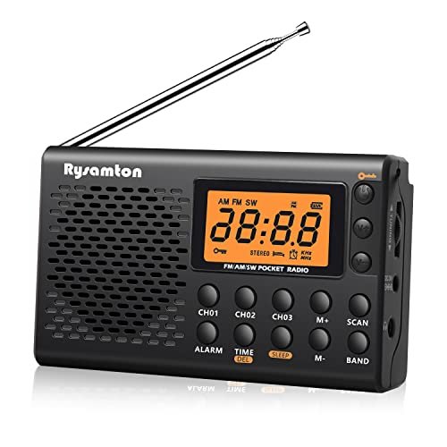 Rysamton Portable AM/FM/Shortwave Radio, Batteries Operated Pocket Radios, Large Digital Display, Clock Radio with Alarm and Sleep Function, Earphone Included