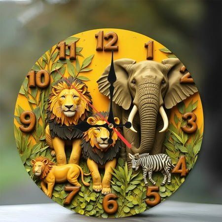 Safari Animal Clock Wall Decor Lion Elephant Zebra 10-Inch Silent Wooden Wall Clock, Battery Operated (AA Batteries Not Included), Artistic Home Decor