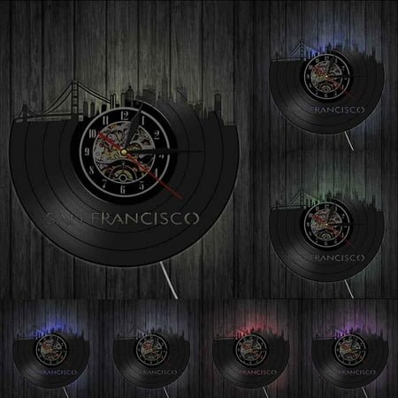 San Francisco Skyline Wall Art USA S.F. Cityscape Wall Clock Clock Golden Gate Bridge Vintage Vinyl Record Clock Travel Landmark With LED