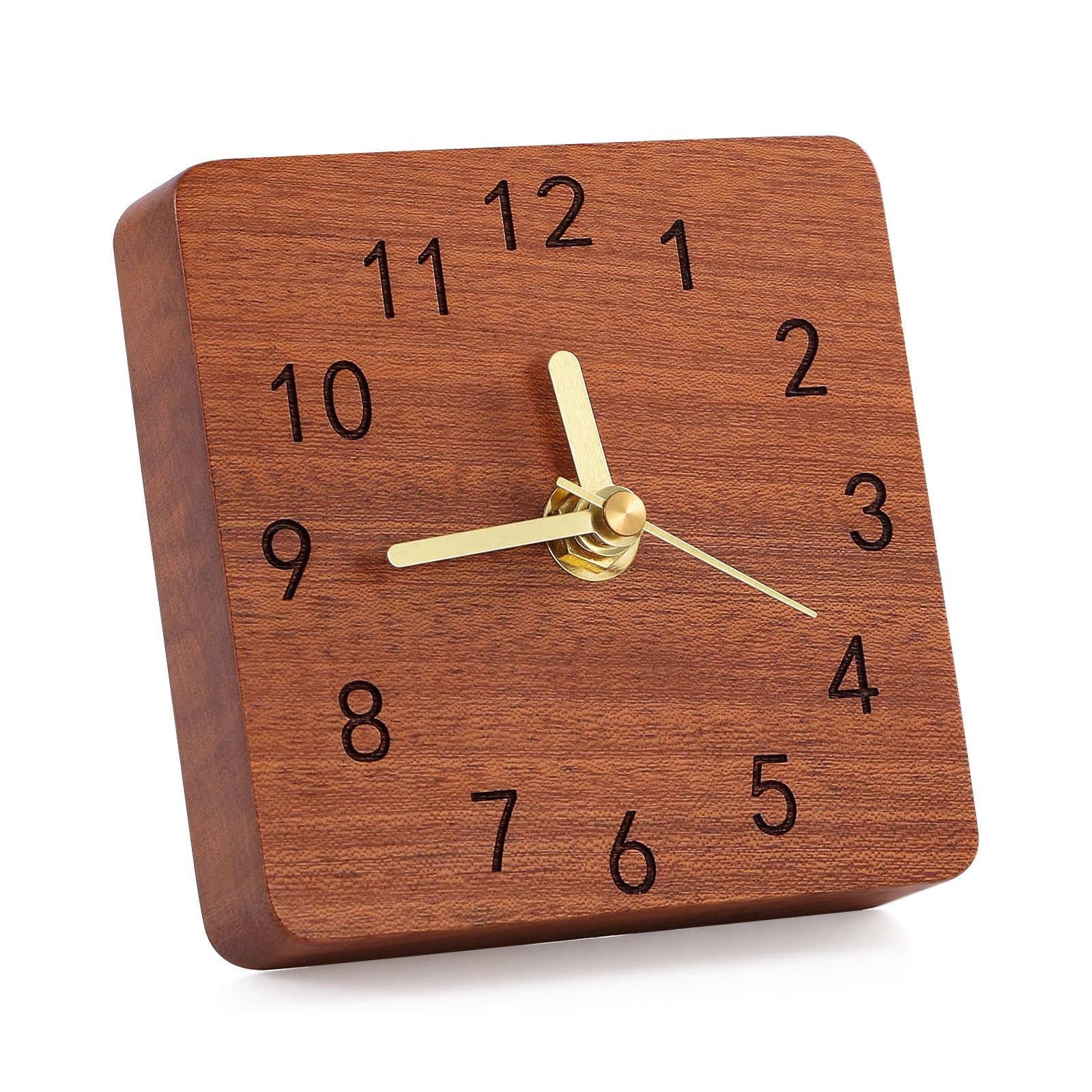 Sapele Wood Square Table Clock on Stand Decorative Battery Operated Desk Clock