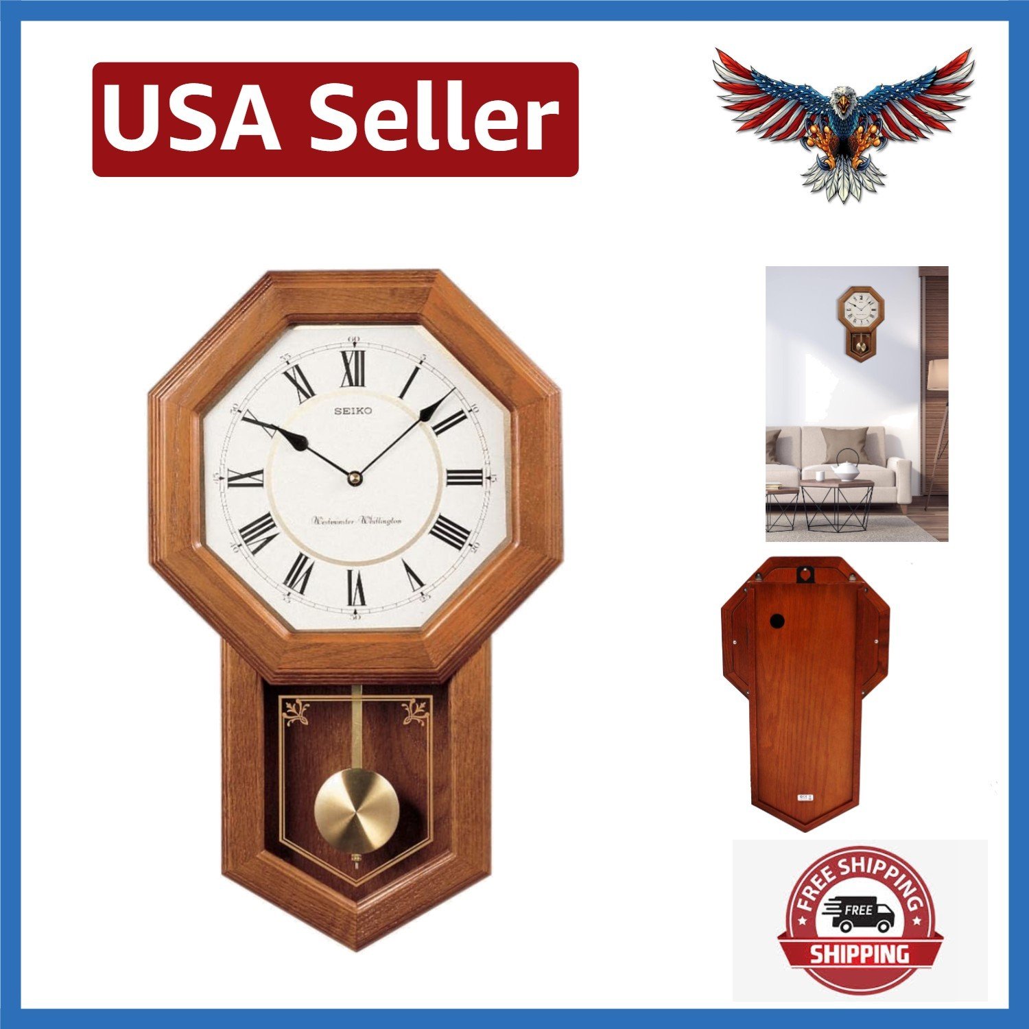 Seiko Light Oak Traditional Wall Clock with Chime, Pendulum & Roman Numerals